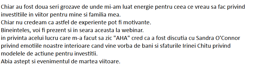 Testimonial participanți eveniment Money 360 - 20