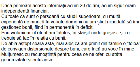 Testimonial participanți eveniment Money 360 - 21